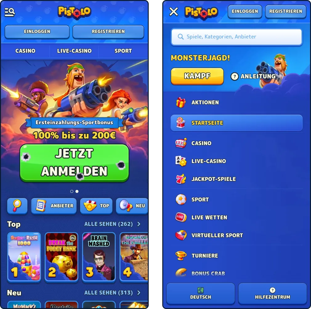 Startseite des Pistolo Casinos – Übersicht aller Bereiche