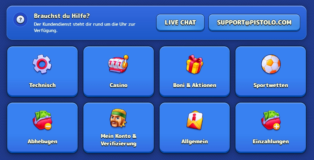 Hilfezentrum und Kundenservice bei Pistolo Casino