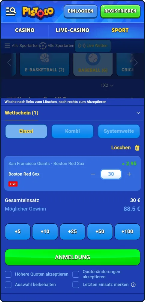 Baseball Live-Wetten mit Wettschein-Vorschau